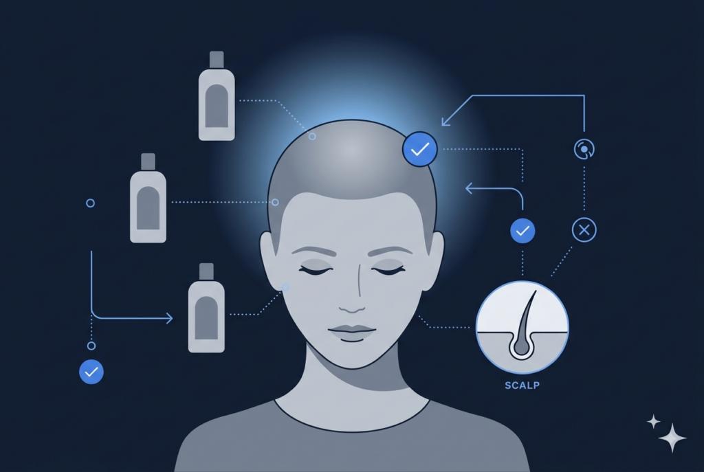 Diagram of three shampoo bottle icons connected to a scalp with a follicle inset labeled SCALP