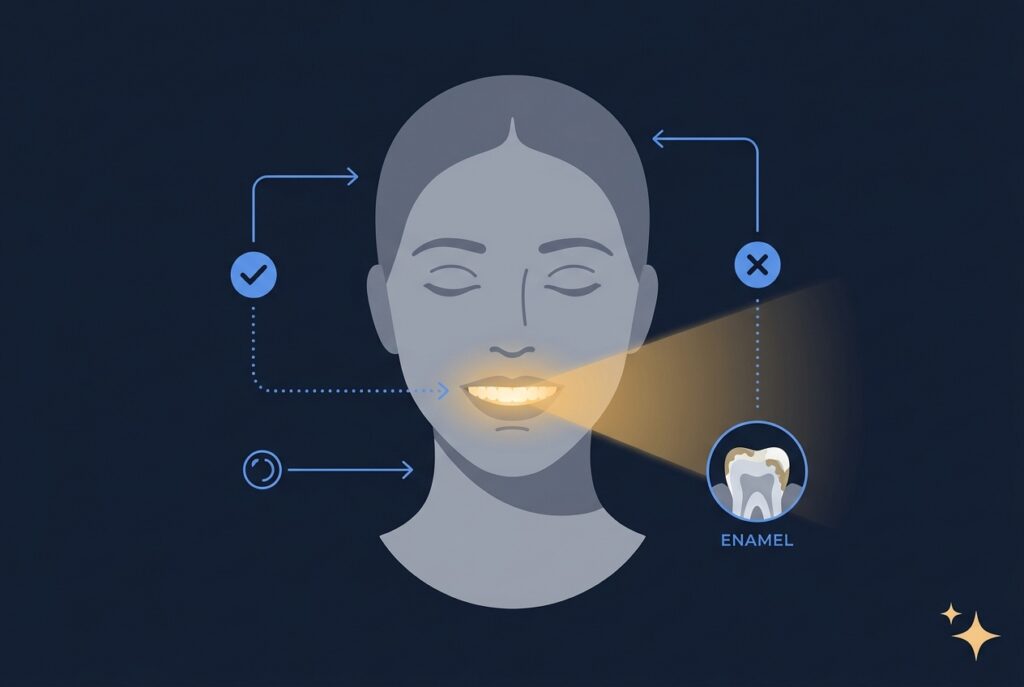 Flat vector infographic diagram showing causes of yellow teeth with a zoomed enamel staining inset