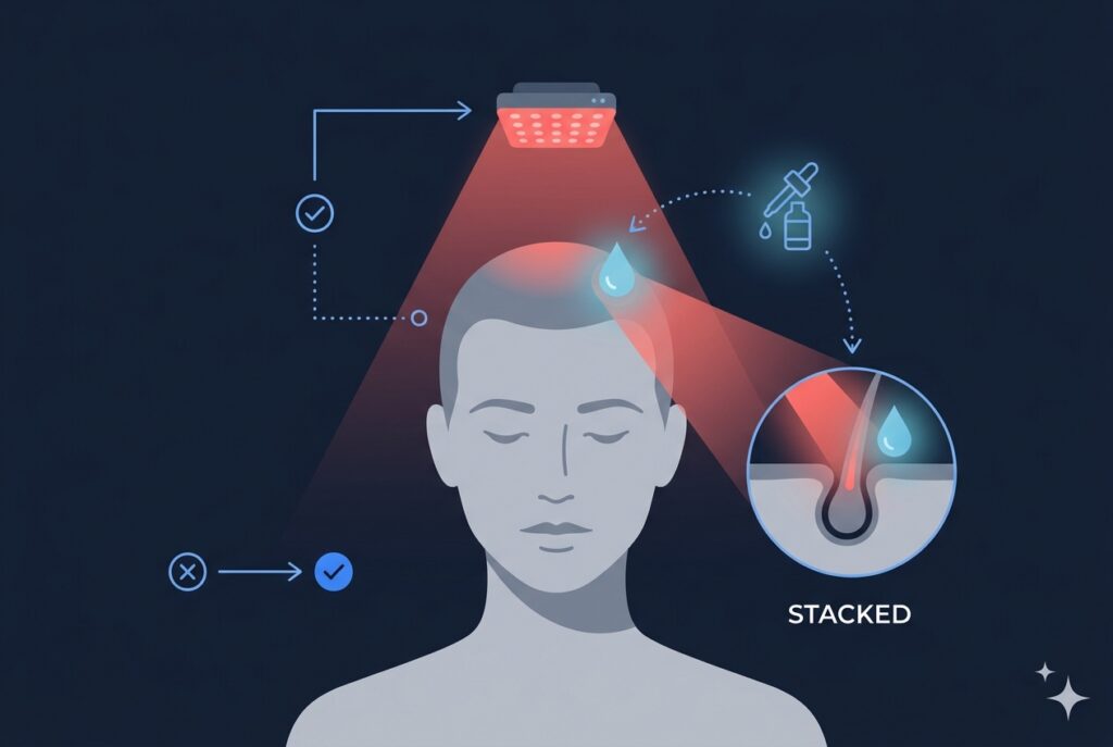 Flat vector infographic diagram showing red light therapy panel and minoxidil dropper stacked on the scalp with a follicle inset