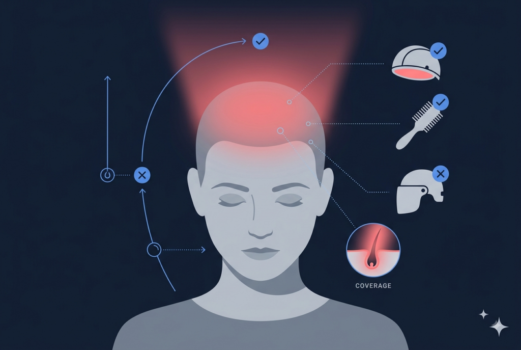 Diagram of a laser cap, laser comb, and laser helmet icon connected to a glowing scalp with a coverage inset labeled COVERAGE
