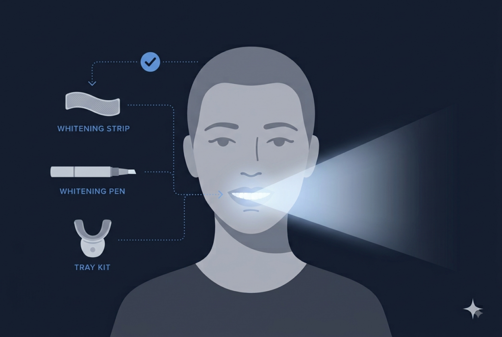 Diagram of a smiling mouth with whitening strip, whitening pen, and tray kit product icons