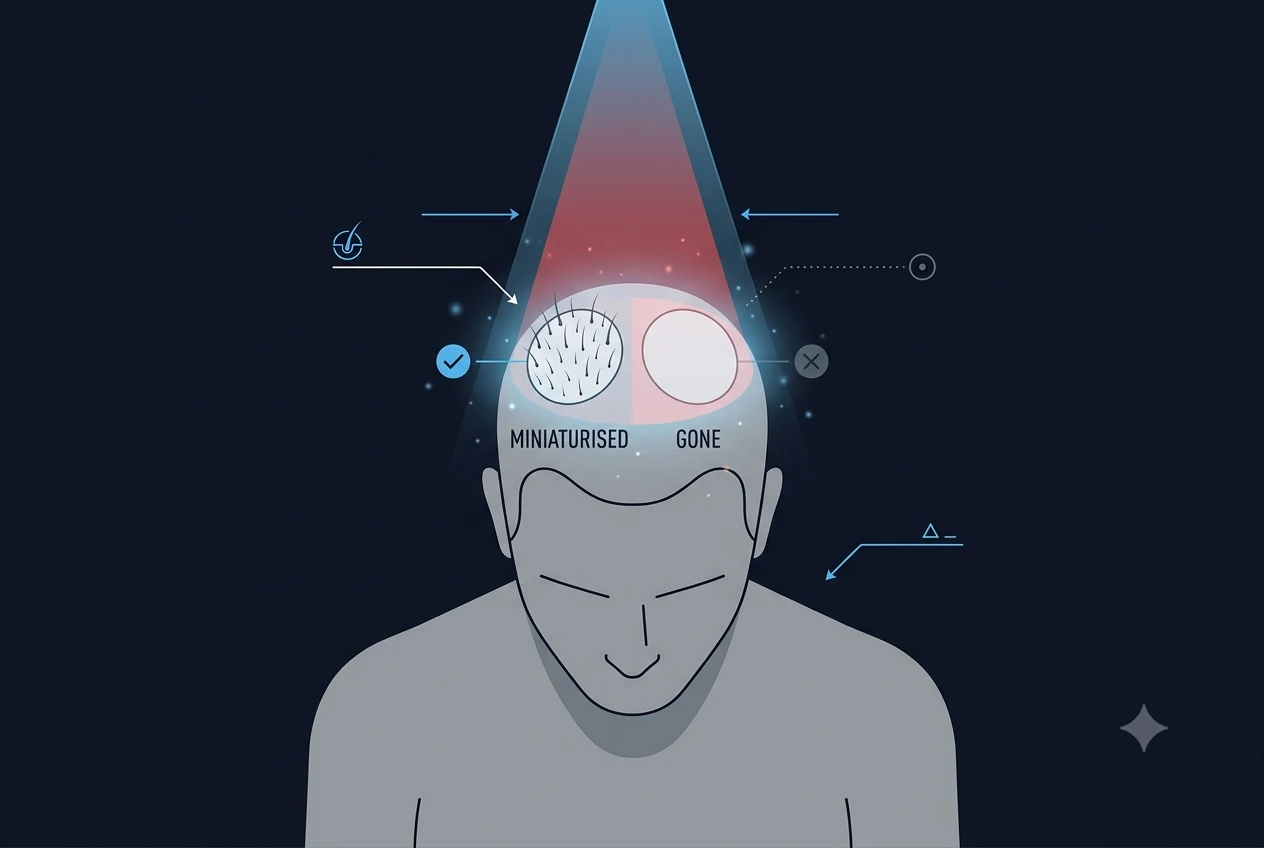 Diagram linking a creatine tub and DHT molecule to a silhouette scalp, with a question mark over the disputed connection