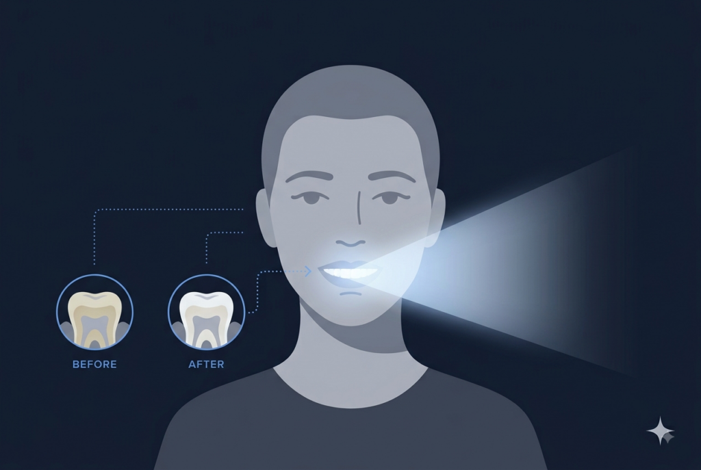 Diagram of a mouth with a whitening glow and before/after tooth shade comparison