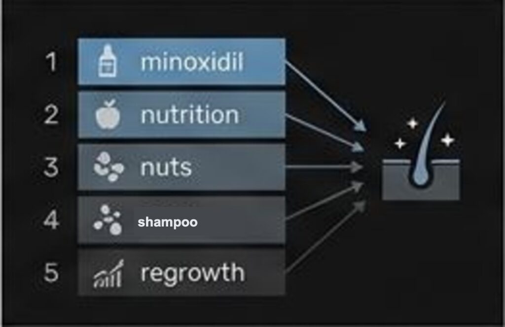 Ranked list diagram linking minoxidil, nutrition, nuts, shampoo, and regrowth to a hair follicle icon