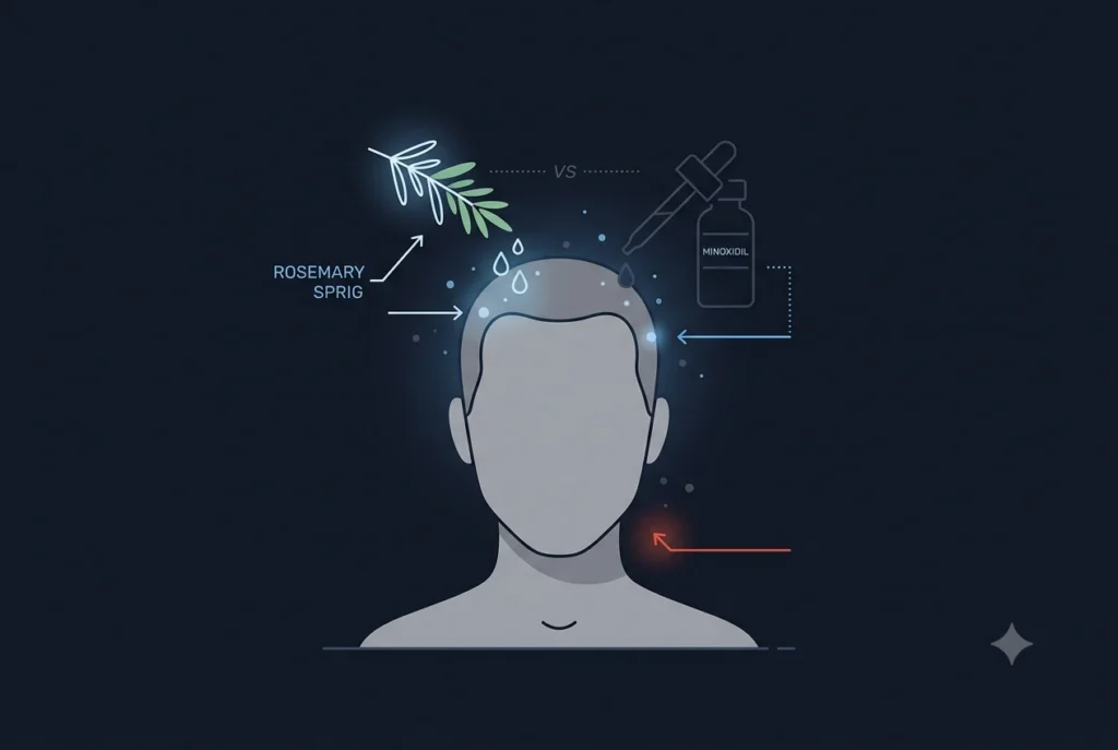 Diagram comparing a rosemary sprig and a minoxidil dropper bottle above a silhouette scalp