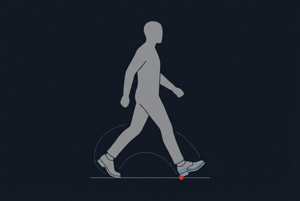Silhouette of a man walking mid-stride with dotted lines tracing a smooth heel-to-toe step while wearing a shoe lift