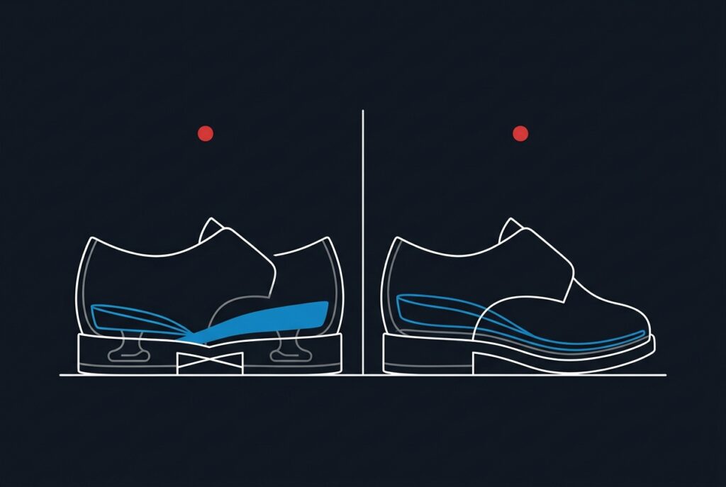 Side-by-side comparison of an elevator shoe with a built-in raised sole and a regular shoe with a removable heel lift insert