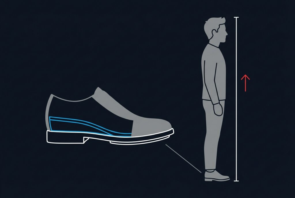 Illustration of a man standing next to a height measuring line, with a see-through shoe showing a hidden wedge-shaped height insole inside