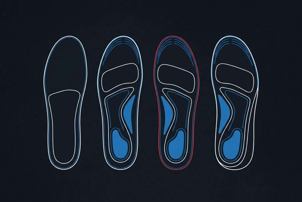 Four different height insoles laid side by side, with one outlined in red as the top pick