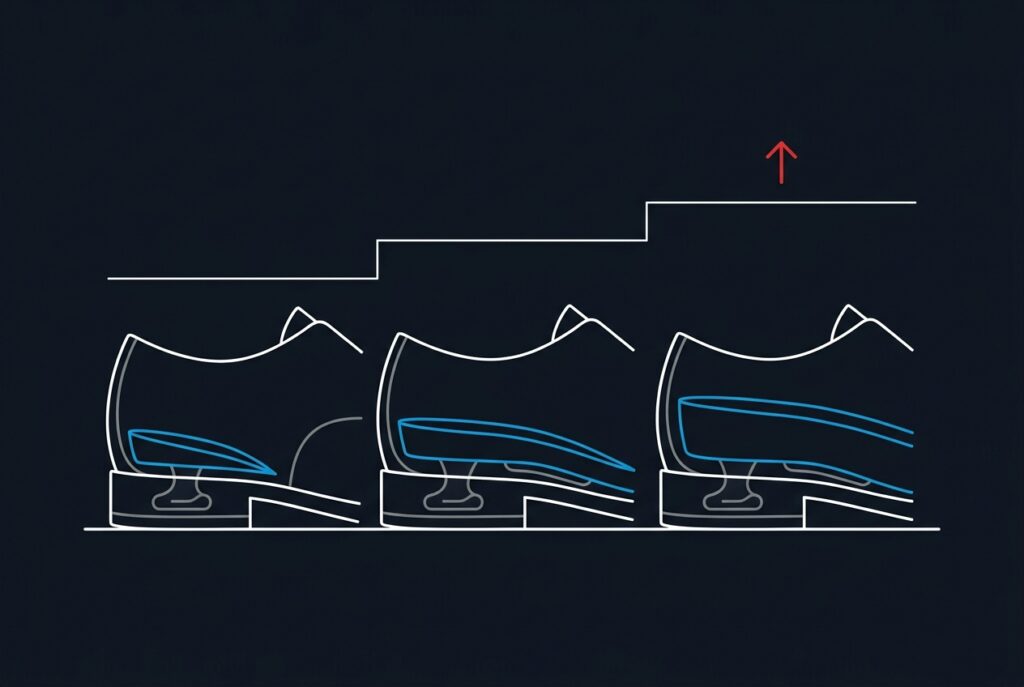Three see-through shoes with progressively thicker height insoles, and a stepped line showing how much height each one adds
