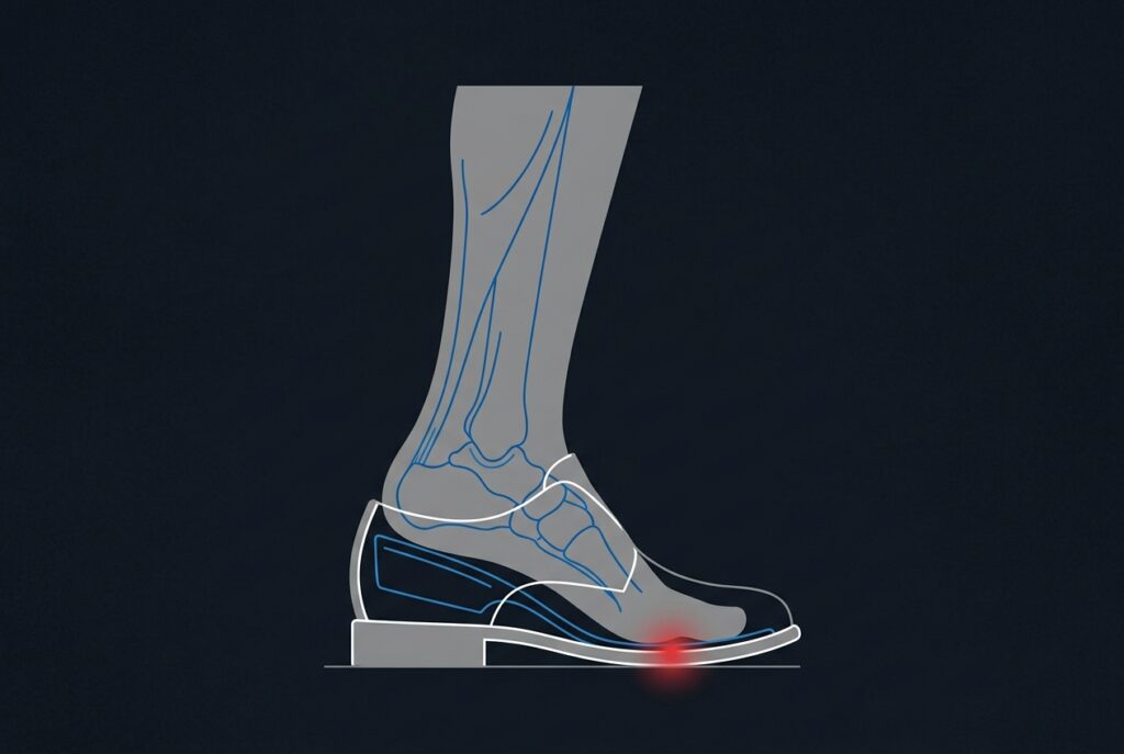 See-through view of a foot in a shoe with a heel lift insert, highlighting a pressure point at the ball of the foot