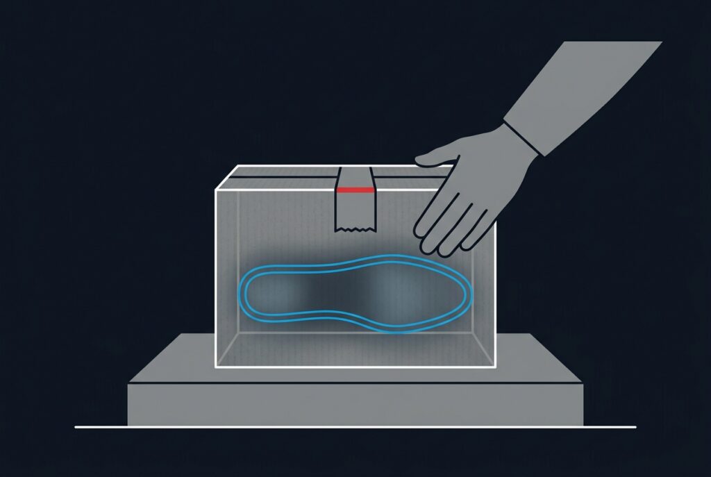 Illustration of a hand picking up a plain unmarked shipping box, with an x-ray view showing a shoe insole packed inside