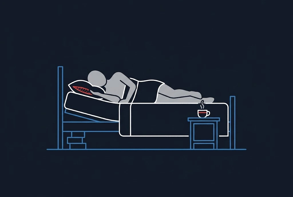 Person sleeping on their left side in a bed with the head end raised on blocks, with a cup of tea on the nightstand, illustrating natural acid reflux remedies