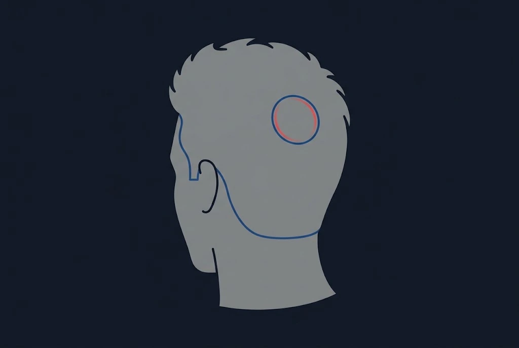 Back view of a head with short hair showing a single smooth, round bald patch typical of alopecia areata