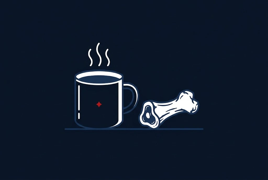 A steaming mug of bone broth beside a beef bone
