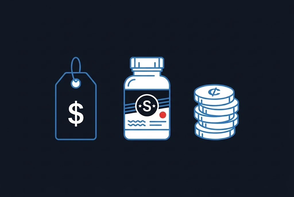 Flat vector icons of a price tag, a supplement bottle and a stack of coins on a dark navy background