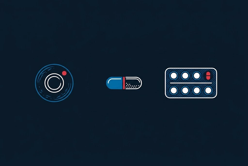 Three types of heartburn medicine side by side: a chewable antacid tablet, a capsule, and a blister pack of pills