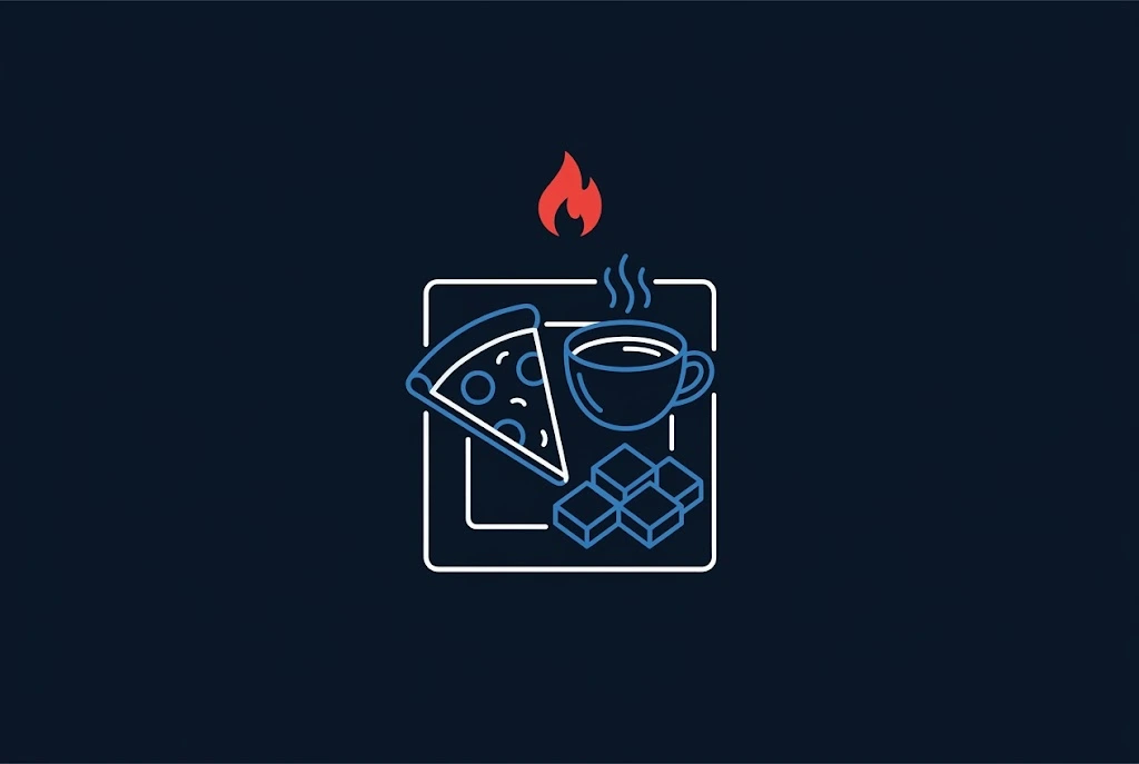 Pizza slice, coffee cup and chocolate pieces on a plate under a red flame, representing common heartburn trigger foods