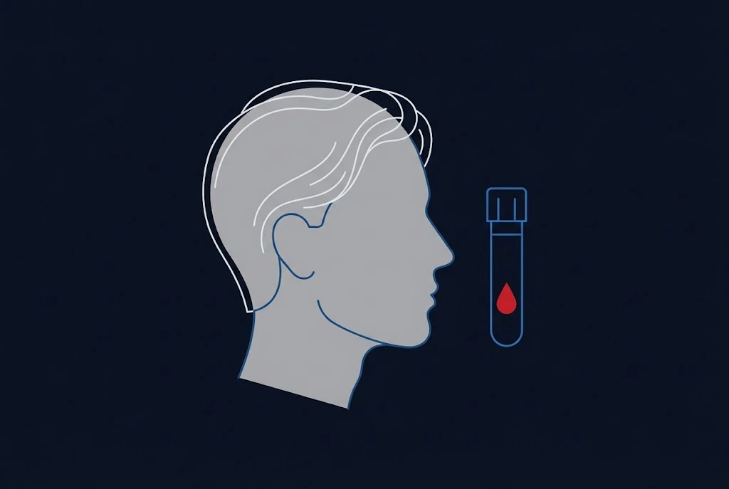 Side profile of a head with thinning hair next to a blood sample tube with a red drop, representing a ferritin blood test for iron deficiency hair loss