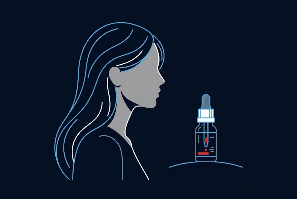 Line-art profile of a woman with long hair next to a small dropper bottle on a dark navy background