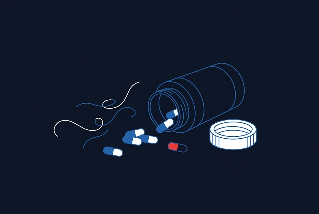 An open prescription pill bottle with capsules spilling out beside loose strands of shed hair