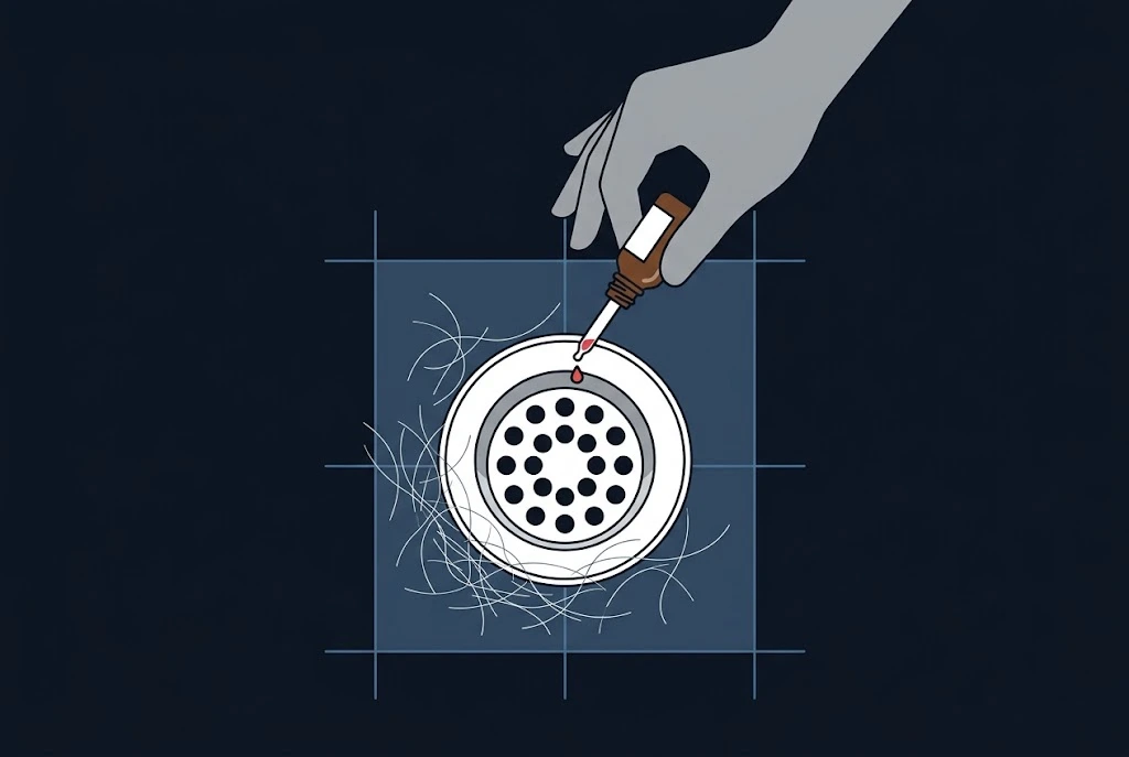 Illustration of a hand holding a dropper bottle over a bathroom drain with shed hairs around it, representing minoxidil shedding