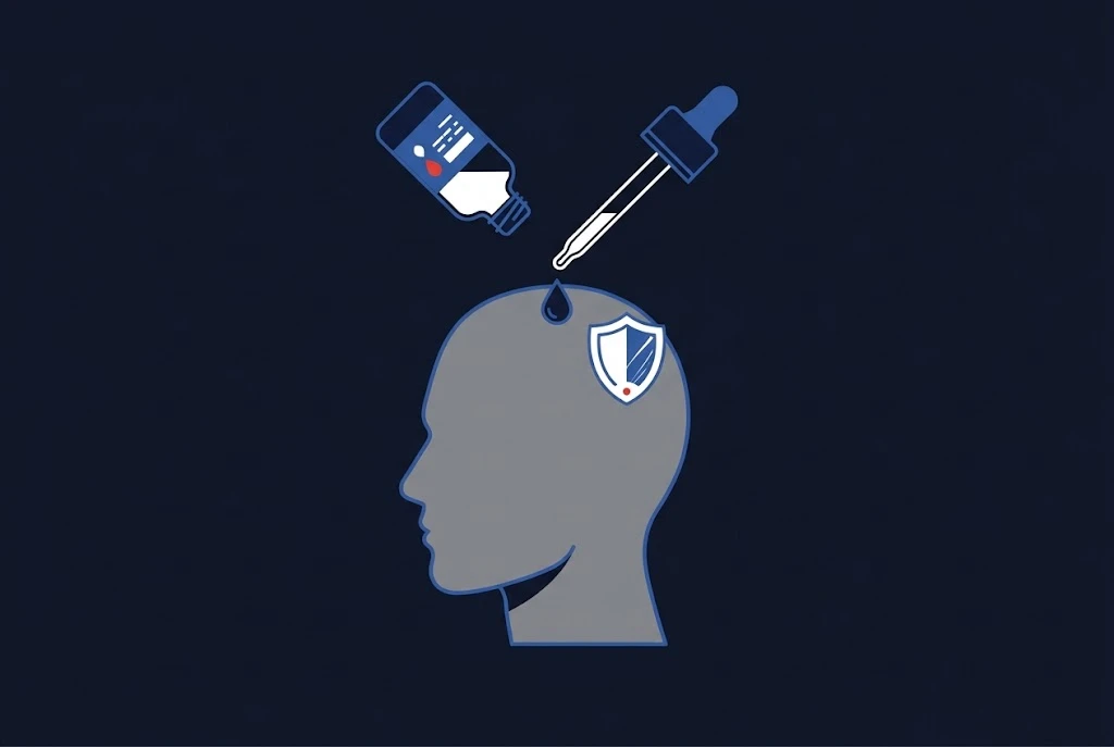Grey head silhouette with a dropper applying solution to the scalp and a shield icon representing a gentle, sensitive-scalp formula