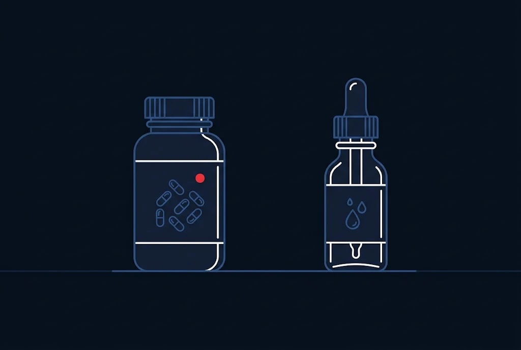 Flat vector illustration of a supplement capsule bottle beside a minoxidil dropper bottle on a dark navy background