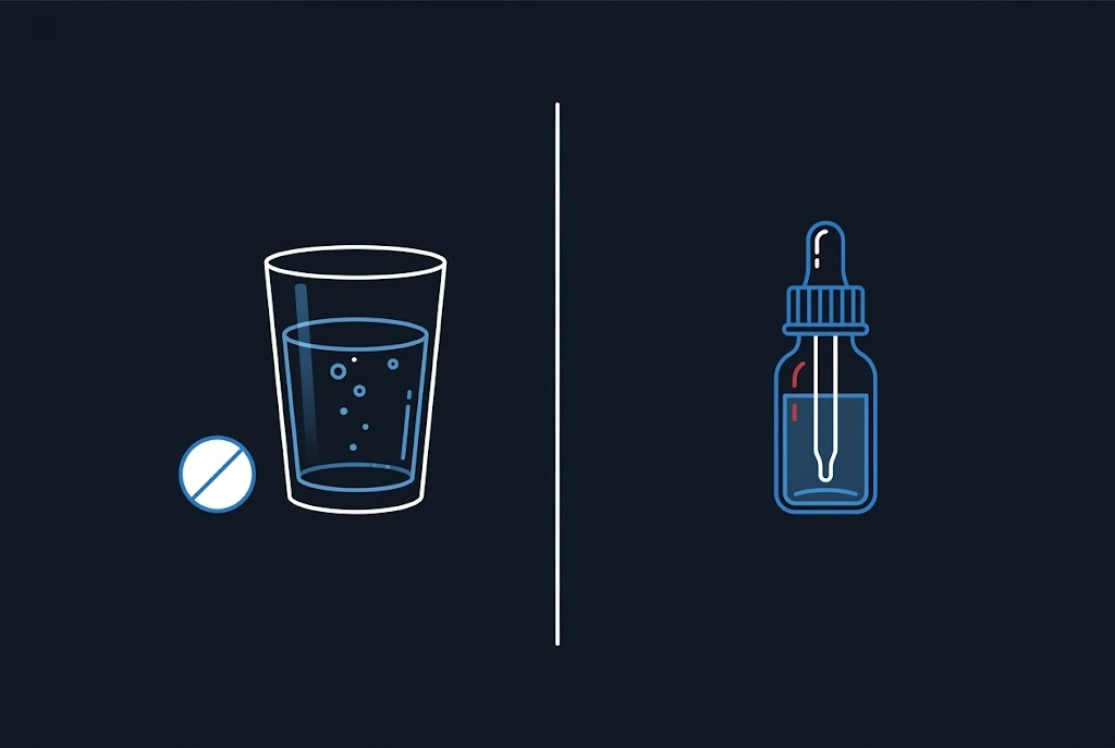 Side-by-side illustration of a pill next to a glass of water and a dropper bottle of topical scalp solution, comparing oral and topical minoxidil