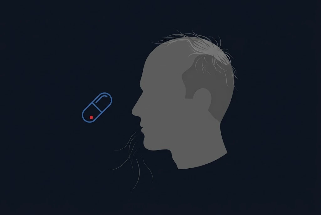 Side profile of a head with thinning hair and falling strands next to a capsule, representing acid-reflux medication and hair loss