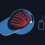 Cap with rows of red LED diodes on the inside next to a price tag icon, illustrating budget red light therapy caps