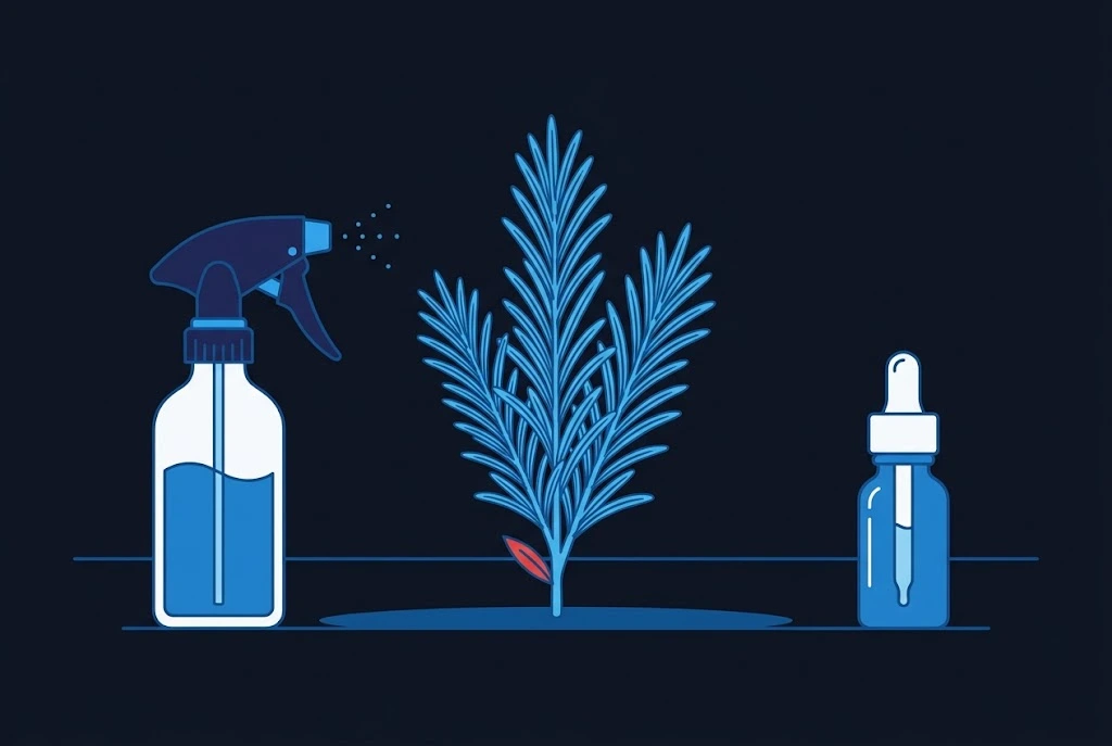 A sprig of rosemary between a spray bottle of rosemary water and a dropper bottle of rosemary essential oil