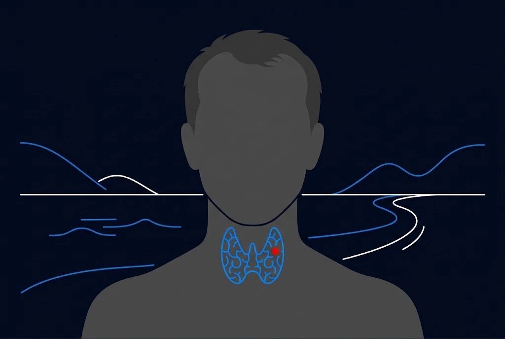 Front-facing silhouette of a person with thinning hair and the butterfly-shaped thyroid gland highlighted on the neck