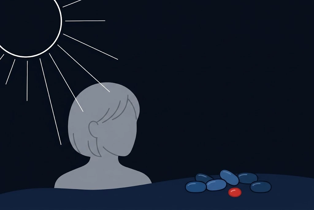Silhouette of a person with thin hair under sun rays beside a small pile of vitamin D softgel capsules