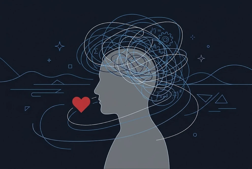 Am I paranoid or is my partner cheating: silhouette with tangled racing thoughts around the head, showing cheating anxiety versus real suspicion