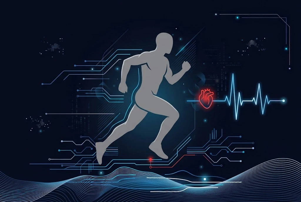 Flat illustration of a grey male silhouette jogging beside a red heart and a pulse line, on a dark navy background