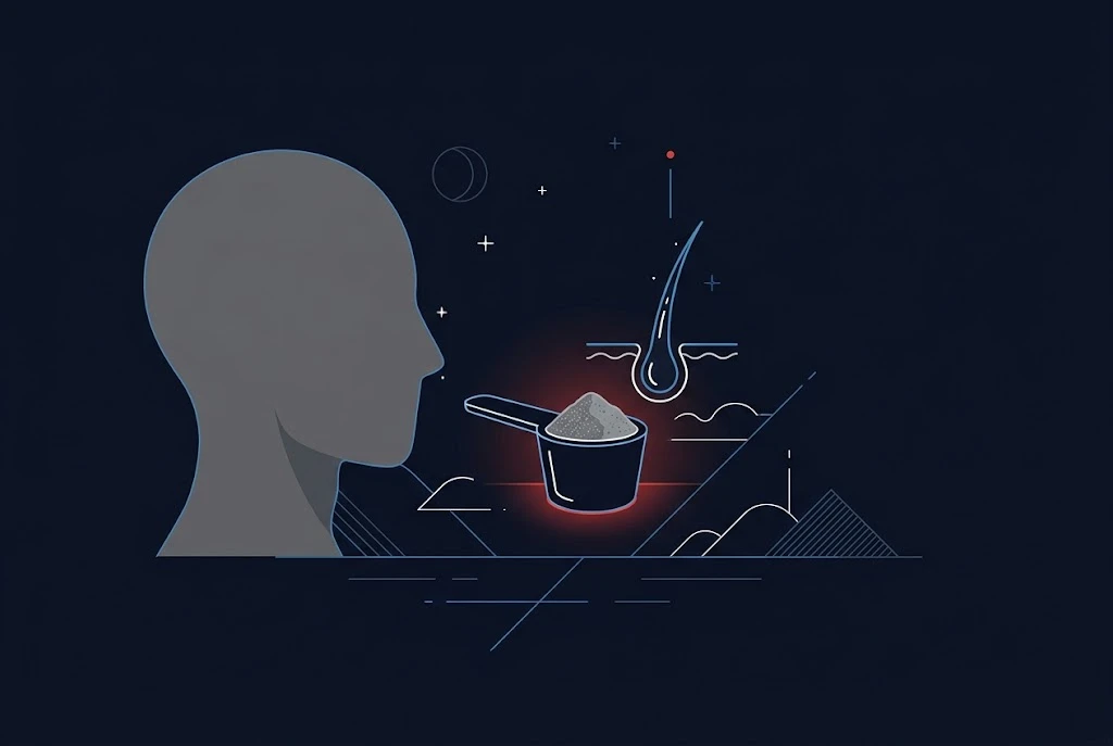 Flat illustration of a grey head silhouette with a scoop of collagen powder and a hair follicle icon on a dark navy background