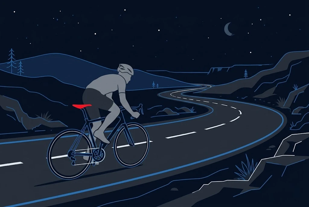 Flat illustration of a grey cyclist on a road bike riding along a winding road at night, with the bike saddle highlighted in red