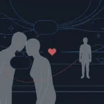 Emotional affair signs: two silhouettes leaning close sharing a speech bubble while a partner stands apart in the background