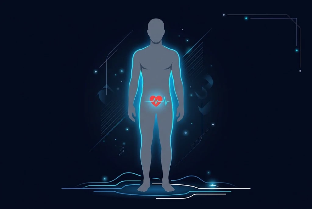 Flat illustration of a grey male silhouette standing calmly with a glowing blue outline around the core and pelvis and a small heart with a pulse line, on a dark navy background
