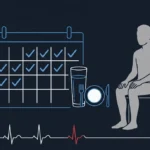 Flat illustration of a calendar with several days checked off next to a glass of water and an empty plate, a grey silhouette seated beside it and a heart-rate line along the bottom on a dark navy background