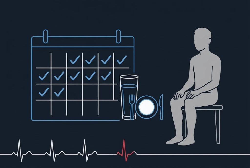 Flat illustration of a calendar with several days checked off next to a glass of water and an empty plate, a grey silhouette seated beside it and a heart-rate line along the bottom on a dark navy background