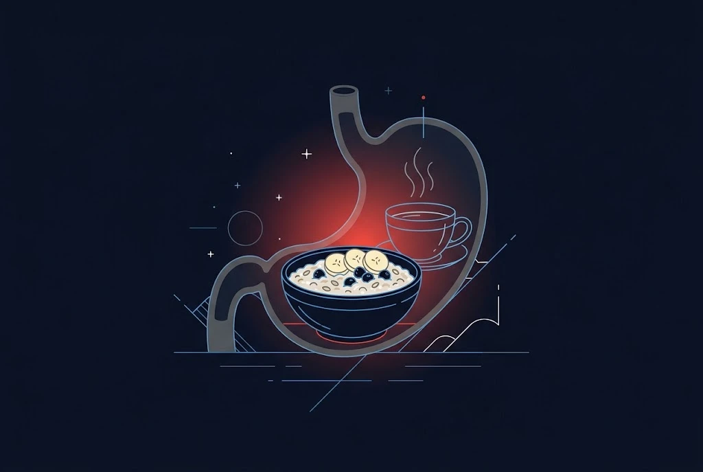 Flat illustration of a stomach outline with a soft red glow beside a bowl of oatmeal with banana slices and a cup of tea on a dark navy background