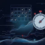 Flat illustration of a calendar with check marks, a rising line graph and a stopwatch, on a dark navy background