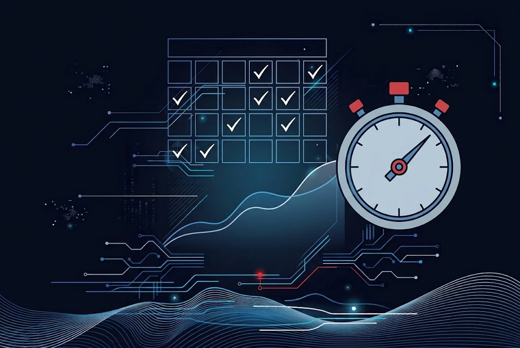 Flat illustration of a calendar with check marks, a rising line graph and a stopwatch, on a dark navy background