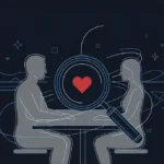 How to tell if your partner is cheating: two silhouettes at a table with a magnifying glass over a red heart, looking for signs he or she is cheating