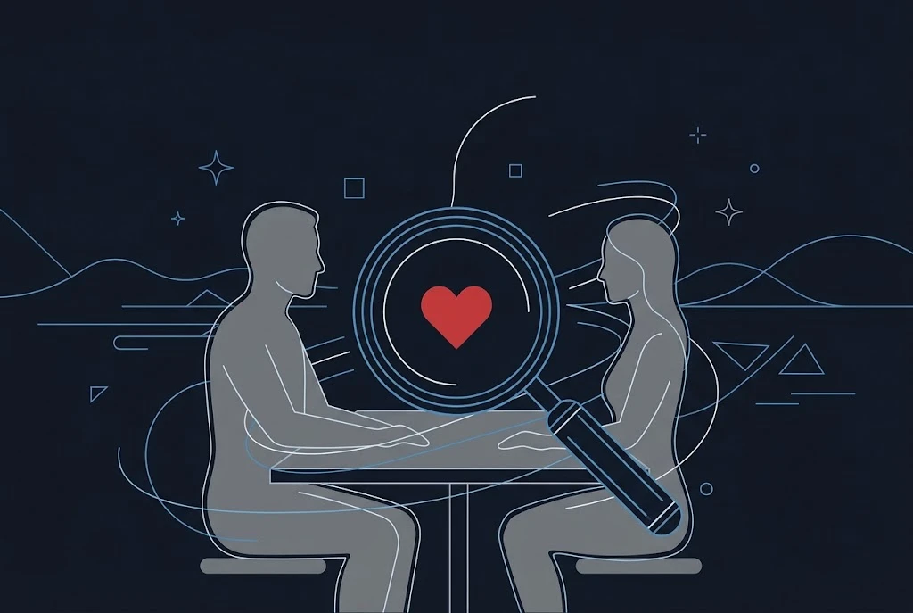 How to tell if your partner is cheating: two silhouettes at a table with a magnifying glass over a red heart, looking for signs he or she is cheating