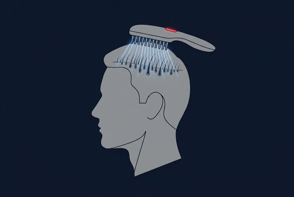 Flat vector illustration of a grey silhouette head in profile with a handheld laser comb on the scalp, blue light beams reaching the hair follicles