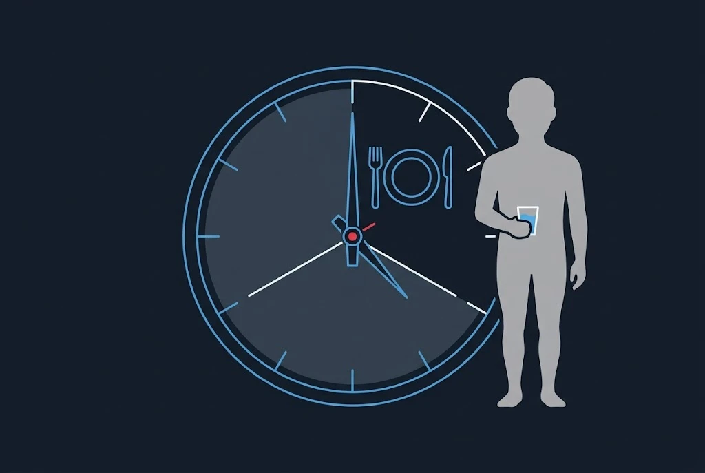 Flat illustration of a clock face with a shaded fasting section and a plate, fork and knife marking the eating window, beside a grey silhouette holding a glass of water on a dark navy background