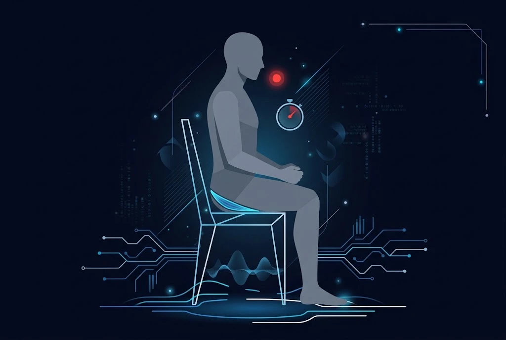 Flat illustration of a grey male silhouette sitting upright on a chair with a blue band highlighting the pelvic floor muscles and a small timer icon, on a dark navy background